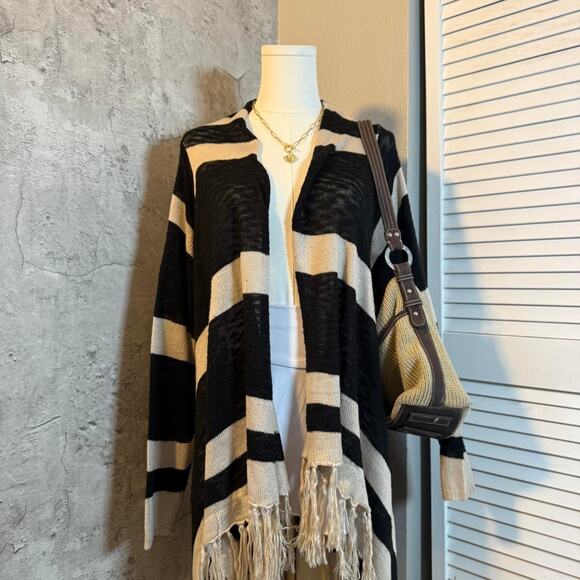 Boho Cream & Black Striped Cardigan with fringe detailing - Picture 3 of 8